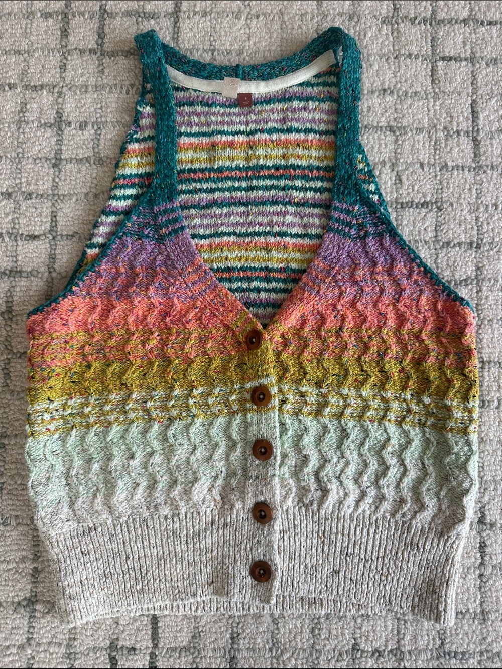 Pilcro Multicolor Striped Knit Tank Top with Teal Trim & Wooden Buttons